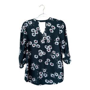 DR2 By Daniel Rainn Top Womens Small 3/4 Sleeve Blouse Floral Green Cut Out Work